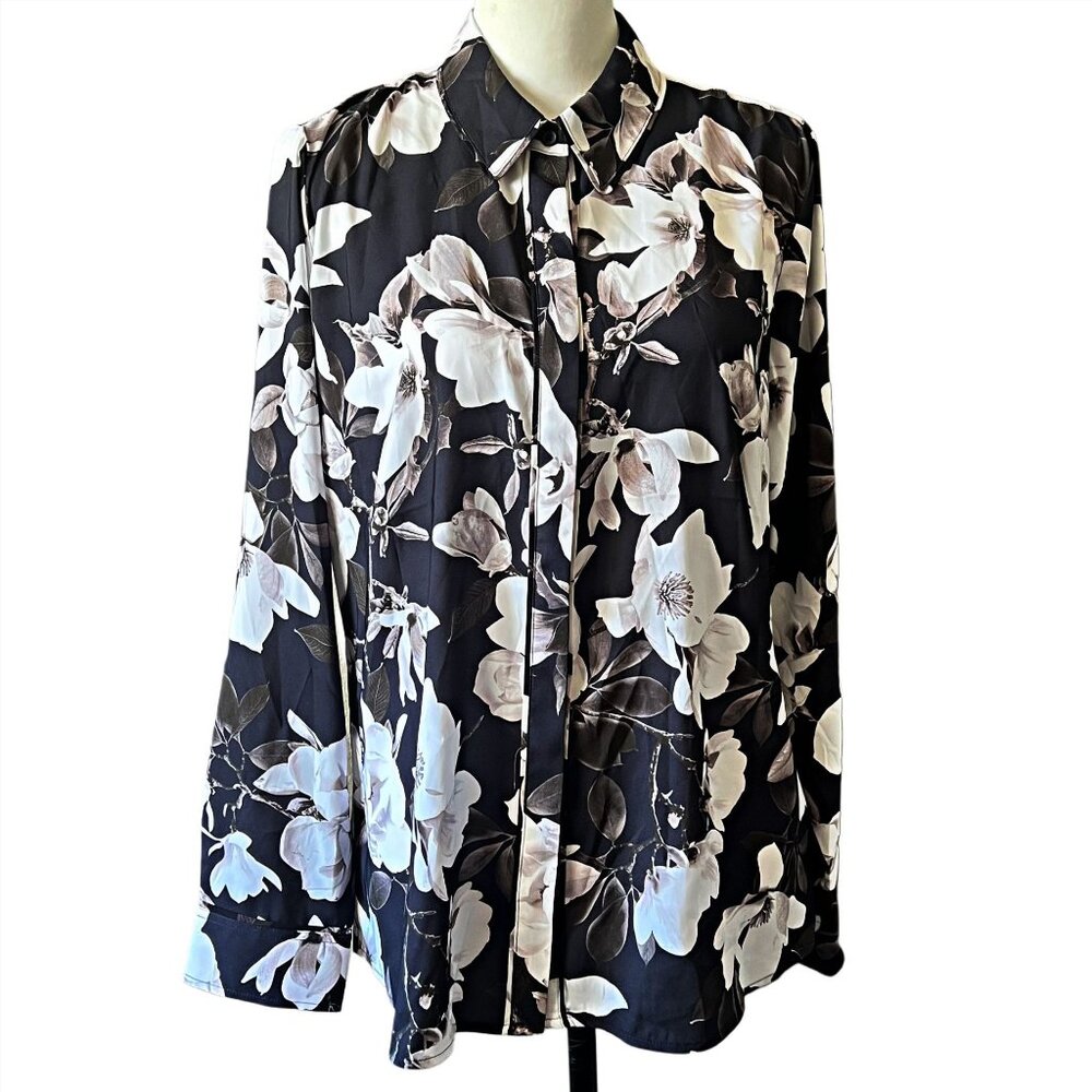 Express Portofino Floral Magnolia Long Sleeve Button Up Blouse Lightweight Large - Picture 7 of 12